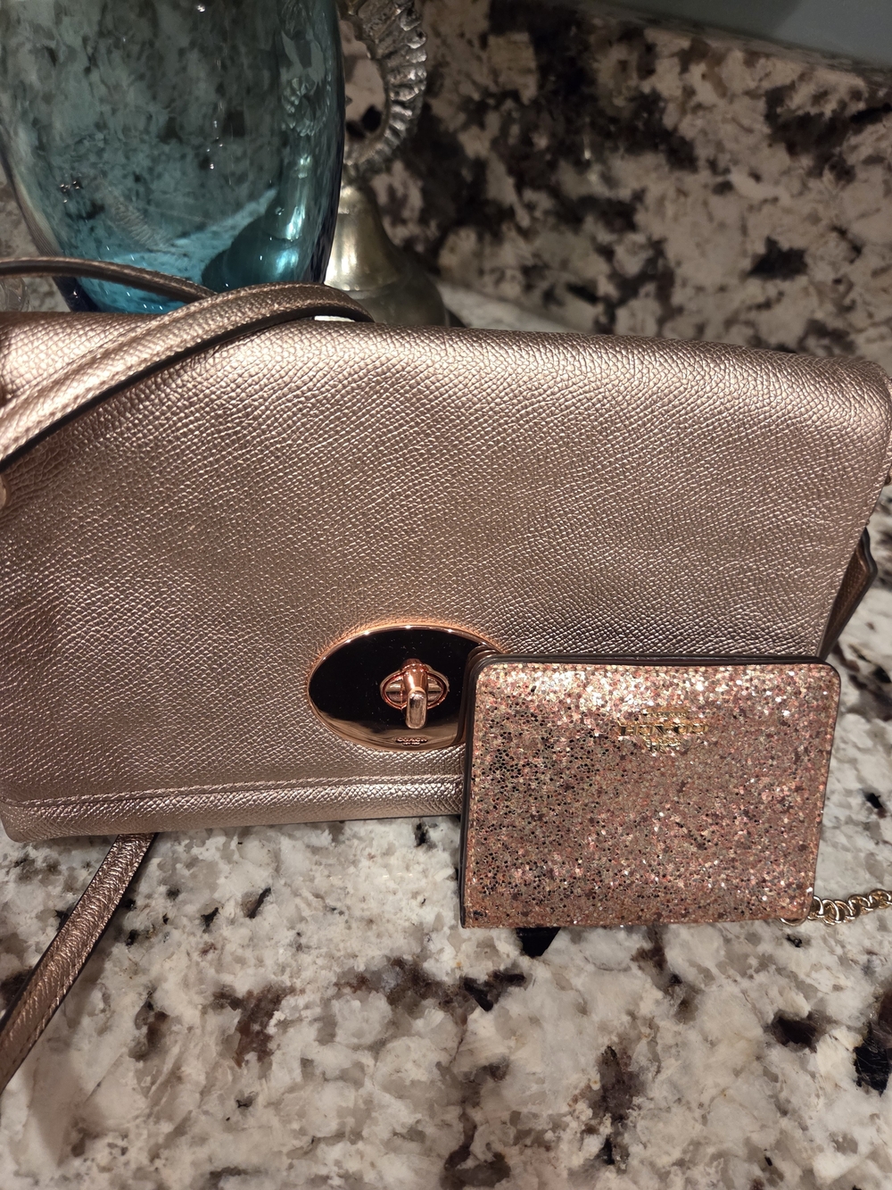 Coach Rose Gold Crossbody Bag with Glitter Card Holder - Designer Style